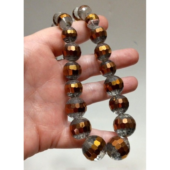 Single Strand Graduating Size Glass Bead Handmade Necklace Clear Copper Striped - Picture 4 of 5